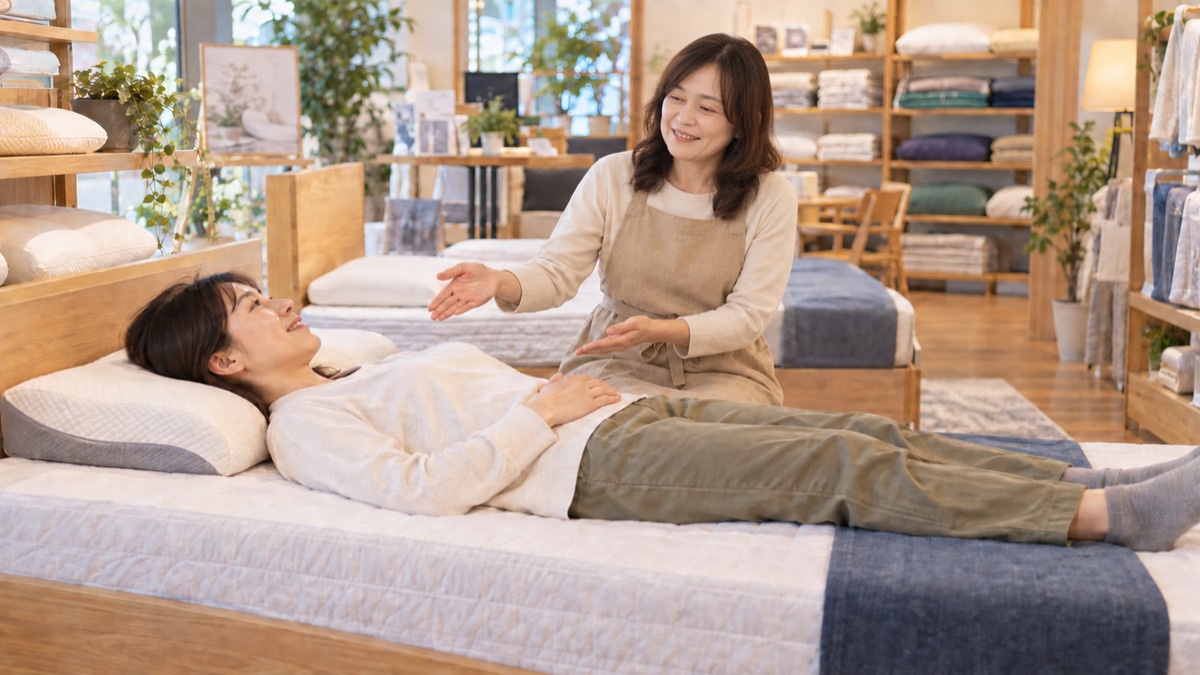 店長が寝具のフィッティングをご案内する様子